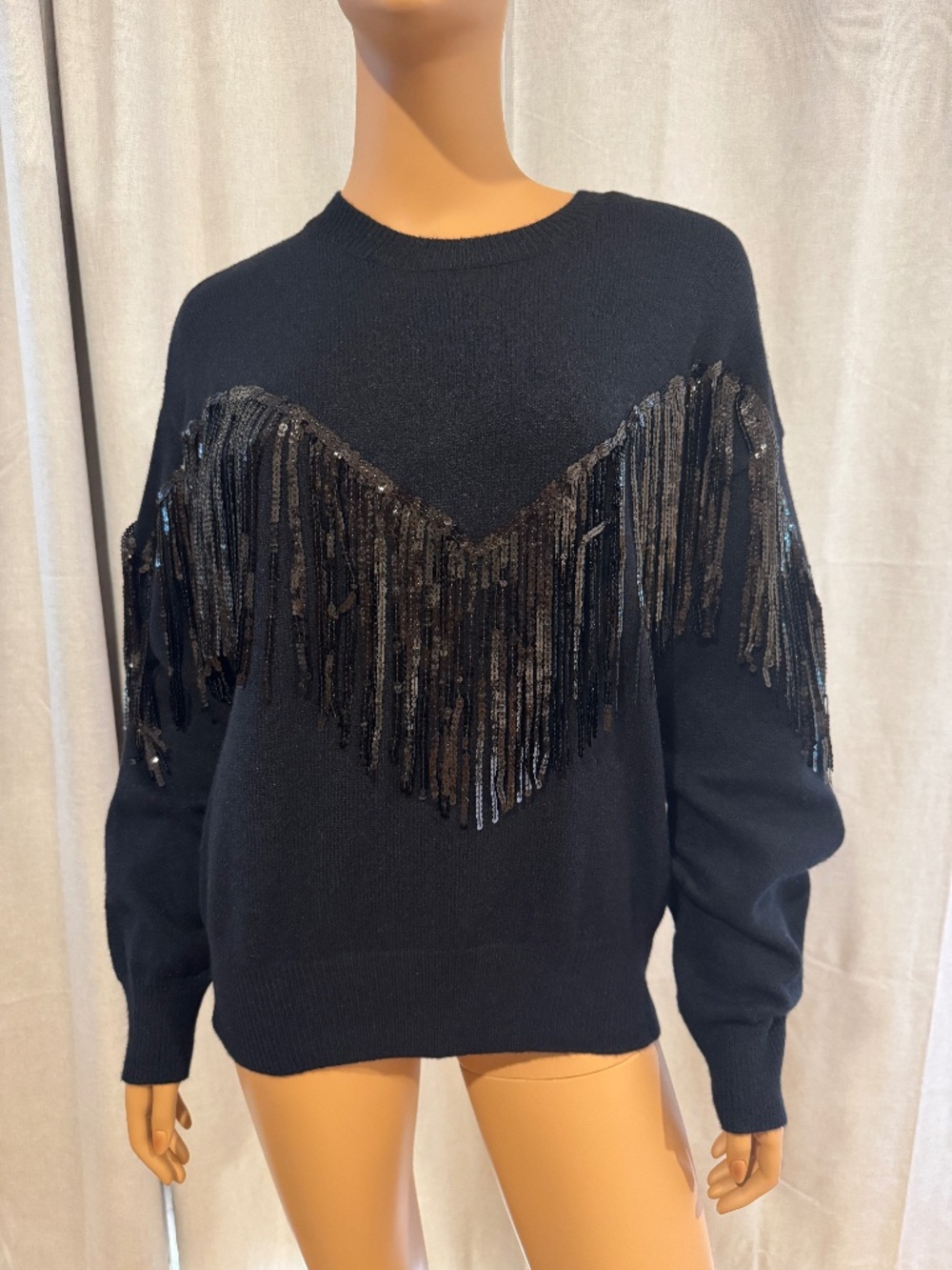 VICI Western Glam Black Sequin Fringe Pullover Sweater - Medium NWOT